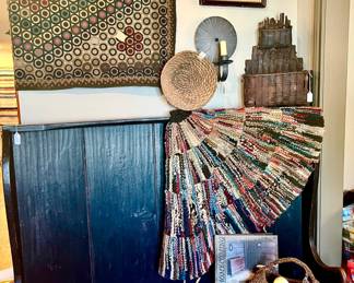 MORE HOOKED RUGS, AWESOME CURVED TALL BACK BENCH.