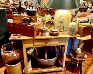 PRIMITIVE STOOLS, SALT GLAZED CROCKS, BASKETS, SUGAR BOWLS.
