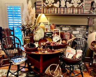 WINSOR CHAIRS, CROCKS, BASKETS, DOUGH BOWLS, CAST IRON.