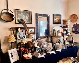ANTIQUE PEWTER, SALT GLAZED CROCKS, IRONSTONE, BASKETS.