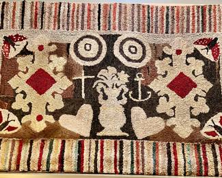 OUTSTANDING ANTIQUE HOOKED RUG WITH 4 BUTTERFLIES, ANCHORS, HEARTS, AND CROSS!