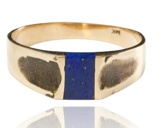 Vintage Mid-Century Modern 14k Yellow Gold Lapis Lazuli Inlay Band Ring Size 8.5
