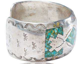 Heavy Vintage 1970s Navajo Sterling Silver & Turquoise Chip Inlay Wide Stamped Cuff Bracelet
