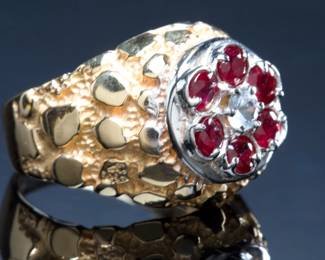 Vintage 14k Gold Men's Ruby & Sapphire "Kentucky Cluster" Nugget Ring
