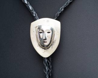 Vintage "HA" Artist Signed Sterling Silver Modernist Studio Craft Abstract Mask Bolo Tie
