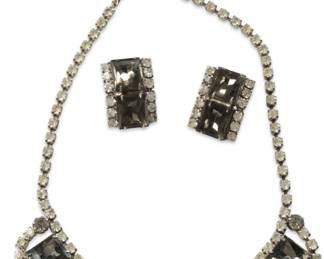 Vintage 1950s "Black Diamond" Rhinestone Demi-Parure Necklace & Earrings Set | Mid-Century Open Back Construction Weiss Style

