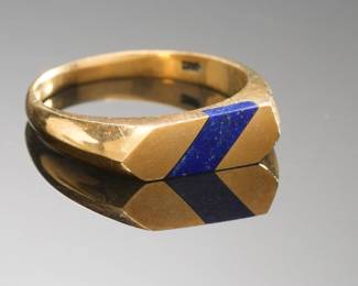 Fine MCM Modernist 14k Gold Statement Ring with Inlaid Royal Blue Lapis Lazuli

