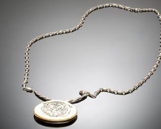 Vintage 1970s Navajo Artist Signed MV Sterling Silver & Scrimshaw Bone Tiger Necklace AS-IS
