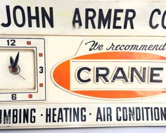 Vintage 1960s JOHN ARMER CO. Lighted Advertising Clock Sign CRANE Plumbing Phoenix AZ

