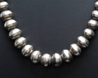 Vintage Navajo Handmade Stamped Sterling Silver Graduated Bench Bead Necklace 29”
