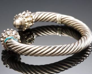 Vintage Mexican Sterling Silver 925 Ornate Granulated End Cable Cuff Bracelet
