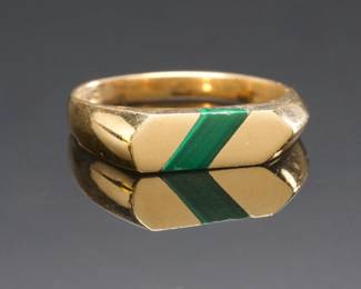 Vintage 1970s Modernist 14k Yellow Gold & Malachite Geometric Inlay Signet Ring
