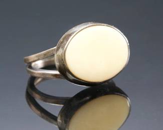 Vintage Mid-Century Modernist Studio Craft Sterling Silver & Fossil Mammoth Ivory Ring
