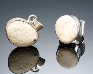 Vintage Studio Modernist Sterling Silver & Agatized Fossil Coral Jewelry Set, c. 1970s Artisan Handmade Ring & Pendant
