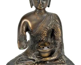 Thai Bronze Seated Arhat Monk with Incense Burner, Rattanakosin Style, c. 1900
