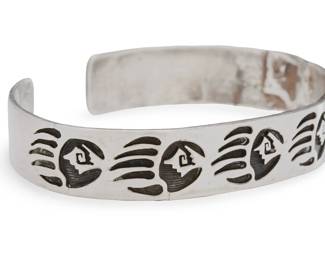 Native American Sterling Silver Bear Paw Cuff Bracelet Hopi Overlay Signed DJ 46.2g
