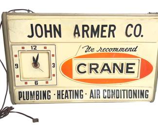 Vintage 1960s JOHN ARMER CO. Lighted Advertising Clock Sign CRANE Plumbing Phoenix AZ
