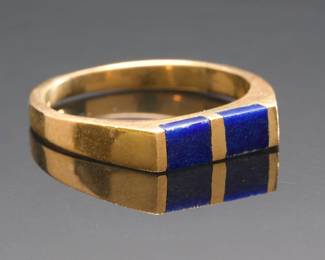 Vintage 1970s Modernist Geometric Lapis Lazuli Ring in 14k Yellow Gold, Sculptural Studio Design, Size 6
