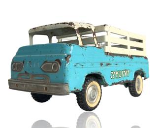 Vintage 1960s NYLINT Pressed Steel Ford Stake Bed Truck, Turquoise & White, 11" Long
