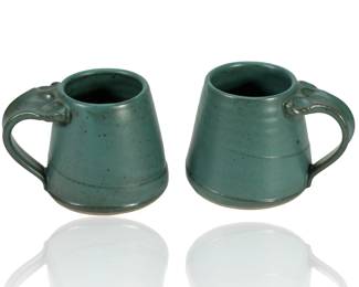 Pair of Signed Studio Pottery Stoneware Mugs, Speckled Teal Glaze
