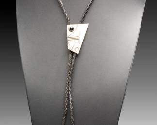 Vintage 1970s Artist Signed CMG Sterling Silver & Onyx Modernist Brutalist Studio Craft Bolo Tie
