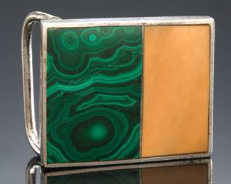Vintage 1970s American Studio Craft Modernist Jewelry Suite Sterling Silver Malachite Yellow Jasper Ring Buckle Necklace Set
