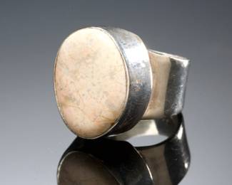 Vintage Studio Modernist Sterling Silver & Agatized Fossil Coral Jewelry Set, c. 1970s Artisan Handmade Ring & Pendant
