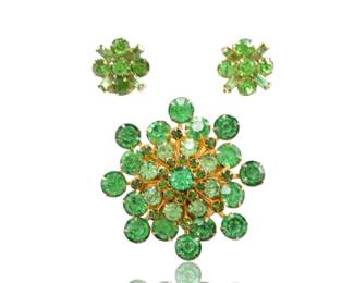 Vintage 1950s Green Rhinestone Starburst Brooch & Earrings Demi-Parure
