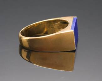 Vintage Modernist 14k Yellow Gold & Royal Blue Lapis Lazuli Statement Ring, Sz. 9
