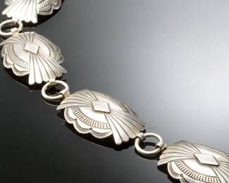 Vintage Navajo-Style Stamped Sterling Silver Link Concho Belt, Signed GT Native American 
