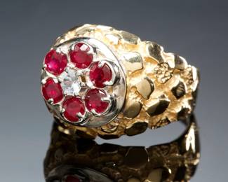 Vintage 14k Gold Men's Ruby & Sapphire "Kentucky Cluster" Nugget Ring

