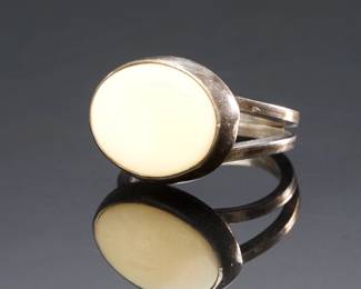 Vintage Mid-Century Modernist Studio Craft Sterling Silver & Fossil Mammoth Ivory Ring
