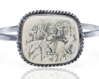 Vintage Southwestern Artisan Scrimshaw Wolf Cuff Bracelet Sterling Silver Signed JB
