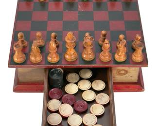 Vintage Hand-Carved Wood Chess & Checkers Set w/ Storage Drawer, Mid-Century Rustic Game Board
