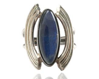 Vintage Modernist Brutalist Studio Craft Sterling Silver & Labradorite Ring, Size 6.5
