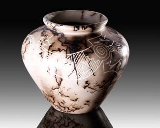 Signed Gary "Yellow Corn" Louis 2004 Acoma Pueblo Etched Horsehair Pottery Jar Native American Pottery
