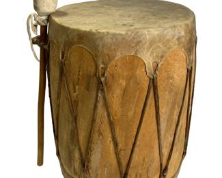 Vintage Taos Pueblo Style Native American Log Drum with Beater, 20th C.
