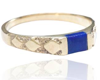 Vintage 14k Gold Textured Geometric Band Ring with Fine Lapis Lazuli
