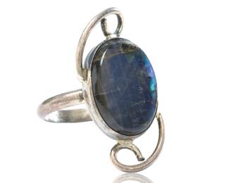 Artisan Handcrafted Sterling Silver Modernist Ring w/ Vivid Blue Labradorite c. 1960
