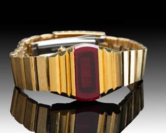 Vintage 1970s Omicron Swiss LED Digital Watch | Space Age Gold Tone | Hong Kong Made | Untested
