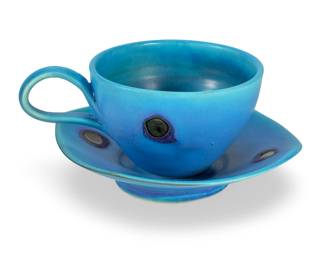 Signed SG Studio Art Pottery Cup & Saucer Modernist Turquoise Blue Glaze
