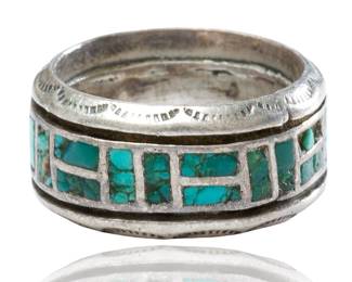 Vintage Navajo / Zuni Style Sterling Silver & Turquoise Geometric Inlay Ring c. 1960s
