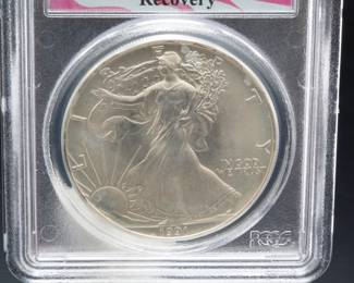 1991 $1 American Silver Eagle PCGS Gem Unc - Certified WTC Ground Zero 9/11 Recovery Coin w/ PNG Sticker & Toning
