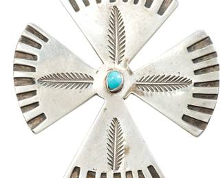 Vintage Navajo Sterling Silver & Turquoise Four Directions Cross Pendant
