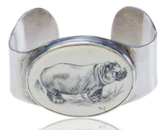 Vintage 1970s Modernist Studio Sterling Silver & Scrimshaw Bone Cuff Bracelet Hippopotamus Artist Signed MY
