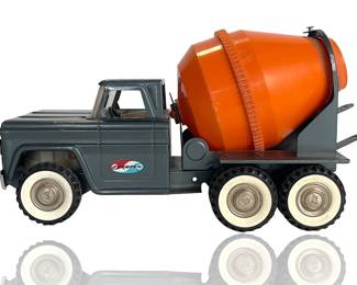 Vintage Structo Cement Mixer Truck Toy - Pressed Steel, 1950s/60s Era, Orange Drum, Shows Wear
