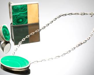 Vintage 1970s American Studio Craft Modernist Jewelry Suite Sterling Silver Malachite Yellow Jasper Ring Buckle Necklace Set
