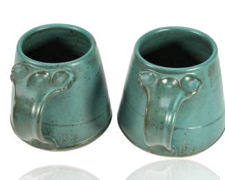 Pair of Signed Studio Pottery Stoneware Mugs, Speckled Teal Glaze
