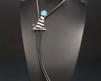Vintage 1980s TAVLOS Signed Howling Coyote Southwestern Pop Art Enamel Bolo Tie
