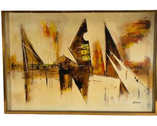 Vintage Gino Hollander Abstract Expressionist Nautical Seascape, Painting c. 1970
